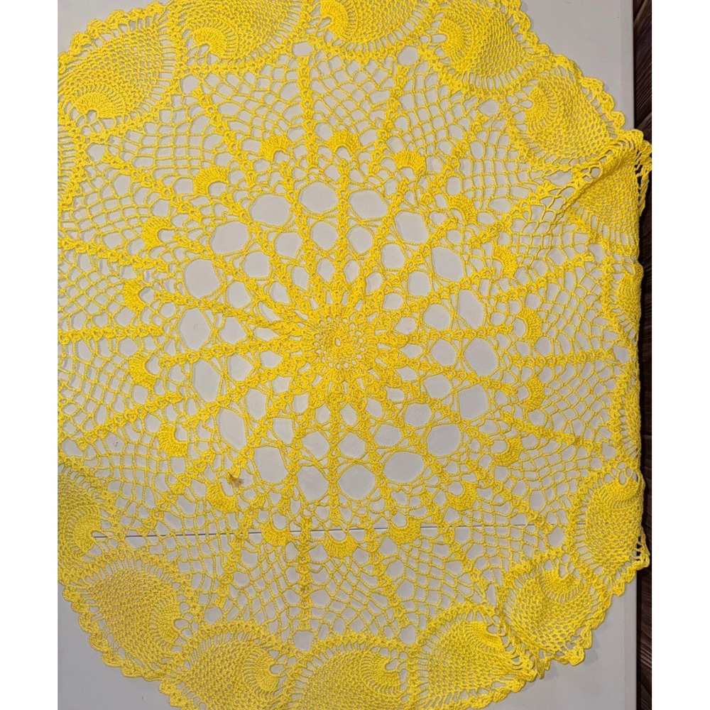 Crochet Doily Round 31 Inch Yellow Pineapple Lace Vintage Handcrafted Tablecloth